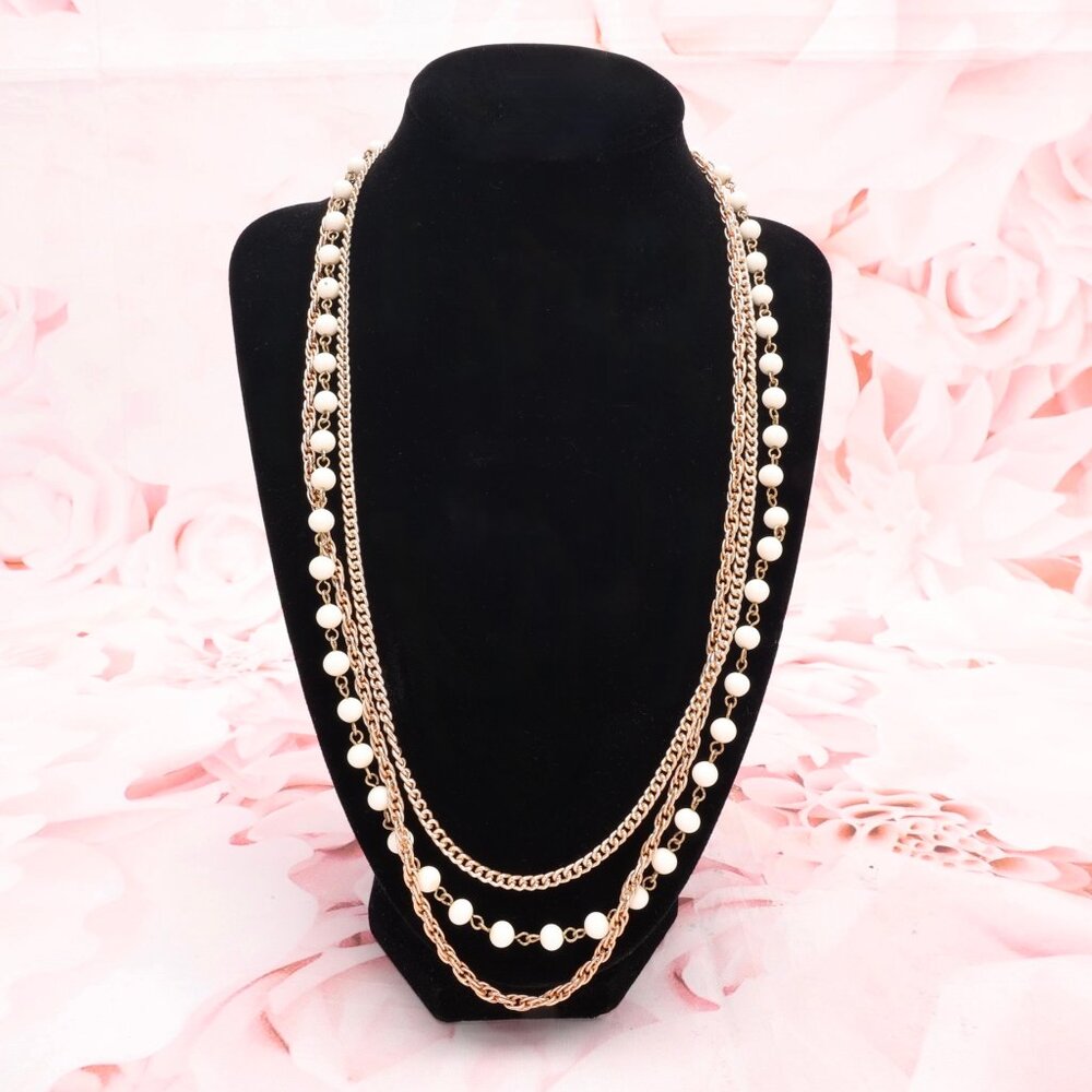 Vintage Coro Layered FauxPearl Chain Link Necklace Gold-Tone White Beads Jewelry